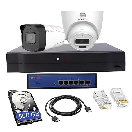 CP PLUS 4 Channel Complete Setup NVR, 2MP 1ps Outdoor and 1ps Indoor Nightvision Security Camera 500GB HDD and Accessories
